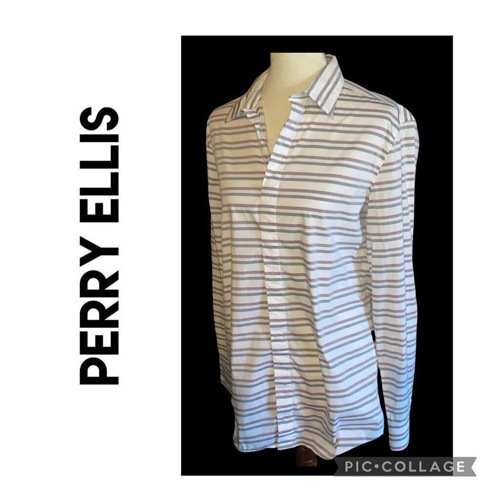 Perry Ellis Slim Fit Stretch Long Sleeve Striped Multi-Color Button Down Shirt S
